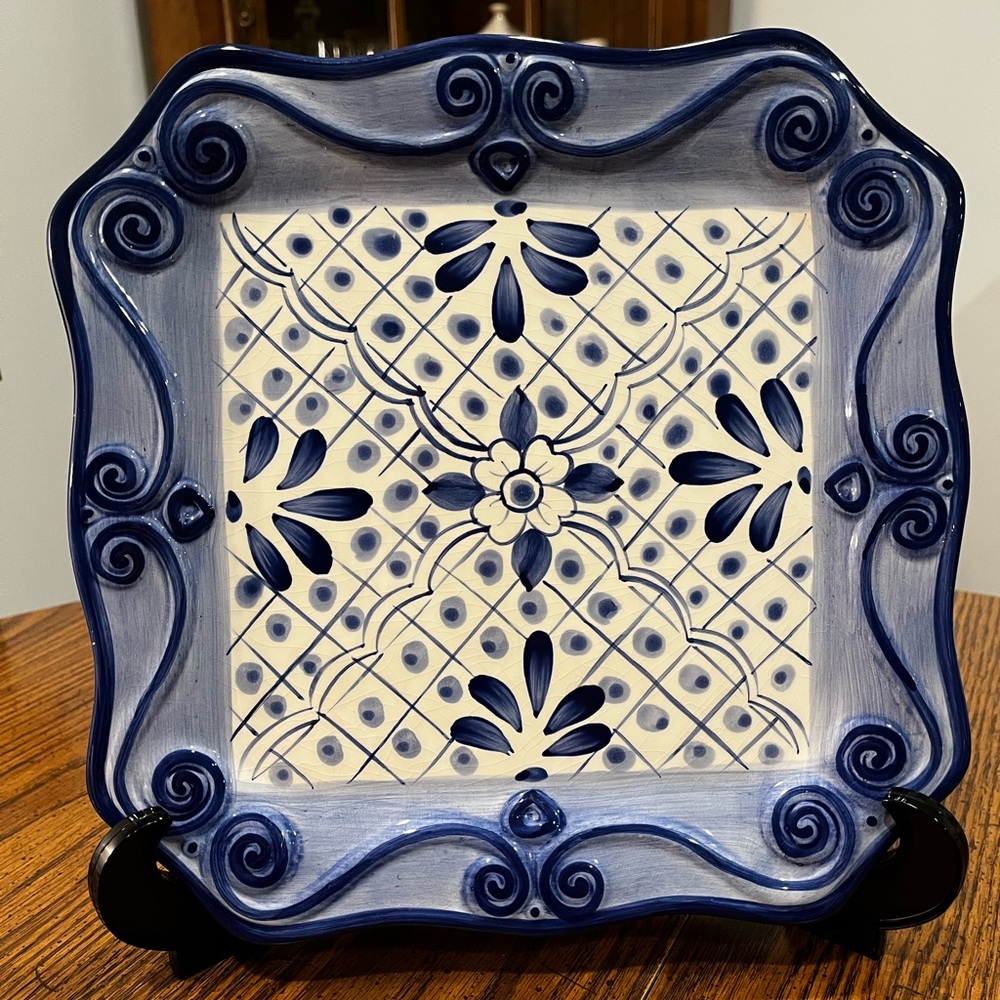 Lisbon Hand Painted Collection Blue and White Decorative Ceramic Square Plate